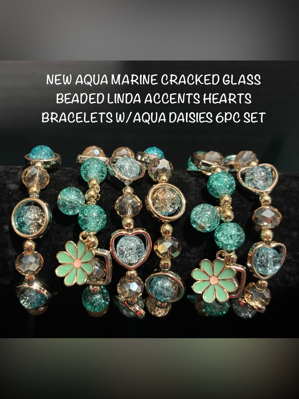 GORGEOUS AQUA MARINE CRACKED GLASS BEADED LINDA HEARTS W/DAISY CHARMS 6PC SET